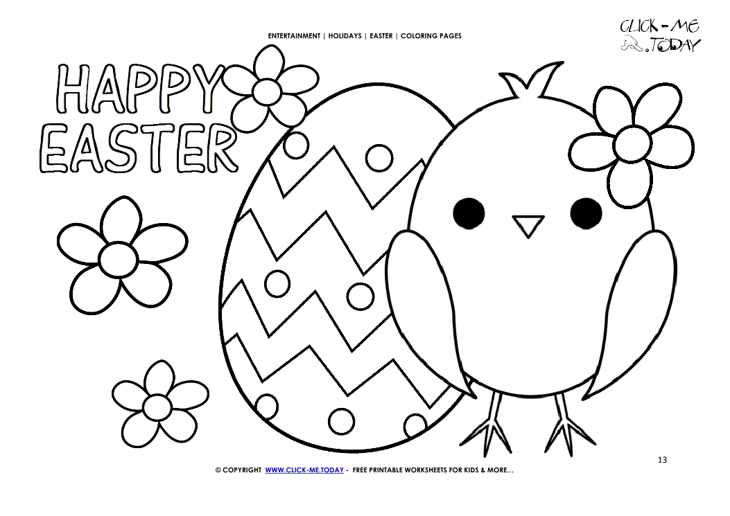Easter Coloring Page: 13 Happy Easter Chicken, Egg & Flowers